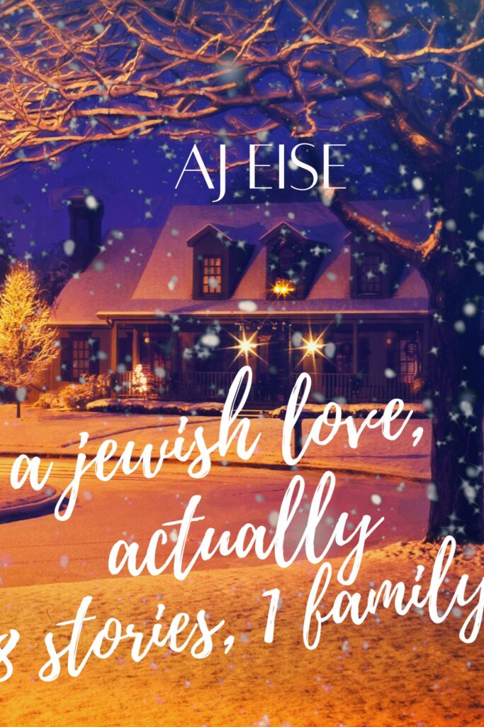 The book cover of the queer romance novel A Jewish Love, Actually by AJ Eise.