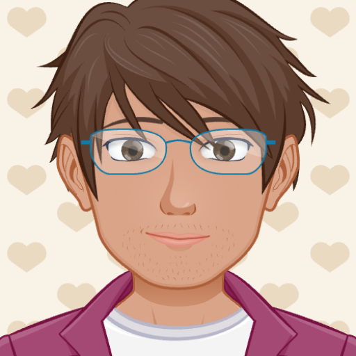 A cartoon avatar of a white transmasculine person with short brown hair, smiling and wearing glasses.